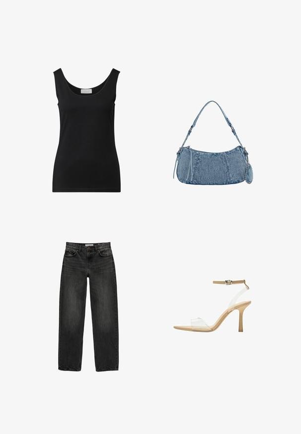 Zwarte mouwloze fitted tanktop met een ronde hals en een klein wit merkje binnenin de halslijn.; Zwarte denim jeans met een relaxte pasvorm, rechte pijpen, vijf-pocket ontwerp en een licht vervaagde textuur. Knop- en ritssluiting aan de voorkant.; Heldere sandaal met een doorzichtige bovenkant, beige voetbed en een slanke enkelriem. Voorzien van een spitse neus en een dunne hoge hak.; Denim handtas met een gebogen vorm, lichtblauwe kleur, verstelbare schouderriem en een kleine afneembare pouch met metallic accenten.