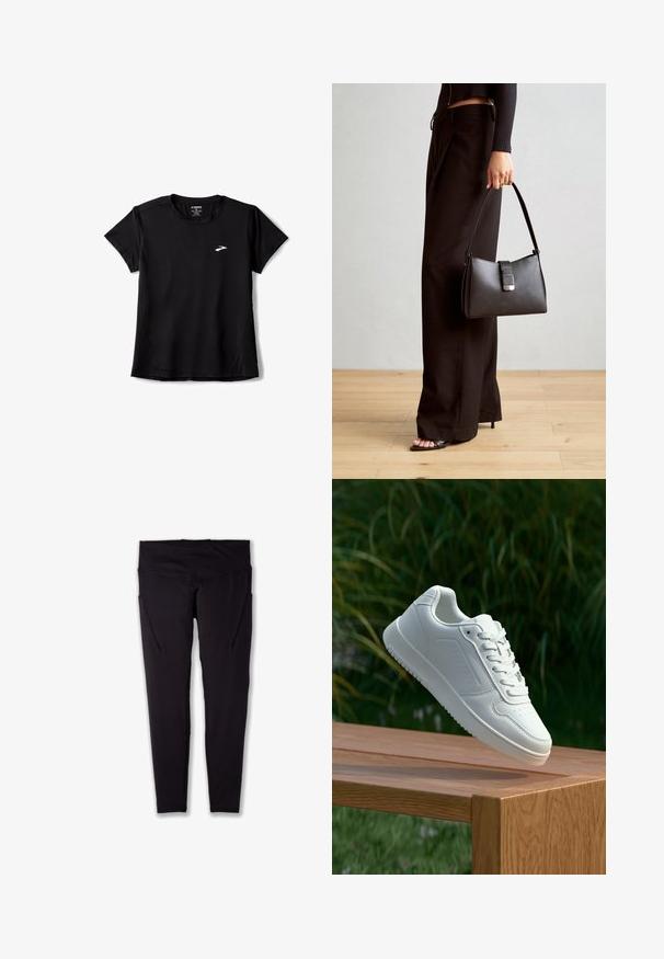 Juoda trumpų rankovių sportinė marškinė su apvalia iškirpte, pagaminta iš tamprių medžiagų, su subtiliu baltu logotipu ant krūtinės ir šoninio siuvimo detale.; Juodos sportinės leggingai su aukštu liemeniu, pagamintos iš elastingos medžiagos, su šoninėmis kišenėmis ir plokščiomis siūlėmis, užtikrinančiomis sklandų prigludimą.; Balti sneakeriai su lygia sintetine viršutine dalimi, perforuota pirštų zona, plokščiomis raištelėmis ir tekstūruotu padu, padėti ant medinės paviršiaus.; Juodas rankinė struktūrizuota forma, lygi tekstūra ir metalinis užsegimas. Suporuota su plačiomis juodomis kelnėmis ir atvirais bateliais ant medinių grindų.