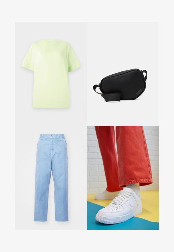 Világoszöld pamut póló, kerek nyakkivágással, rövid ujjakkal és egy kis fehér Nike logóval a mellrészen. Simaság jellemzi, laza fazonnal.; Világoskék farmernadrág egyenes szárú dizájnnal, gombos záródással és elülső zsebekkel. Az anyag finom textúrájú, sima felületű.; Fehér bőr edzőcipő perforált orral, texturált talppal és fehér fűzővel, széles vörös nadrággal párosítva, kék és sárga háttérrel.; Fekete, cipzáros keresztpántos táska sima anyagból, lapos formával, egyszálú pánttal és egy kis logós díszítéssel. Minimalista dizájn.