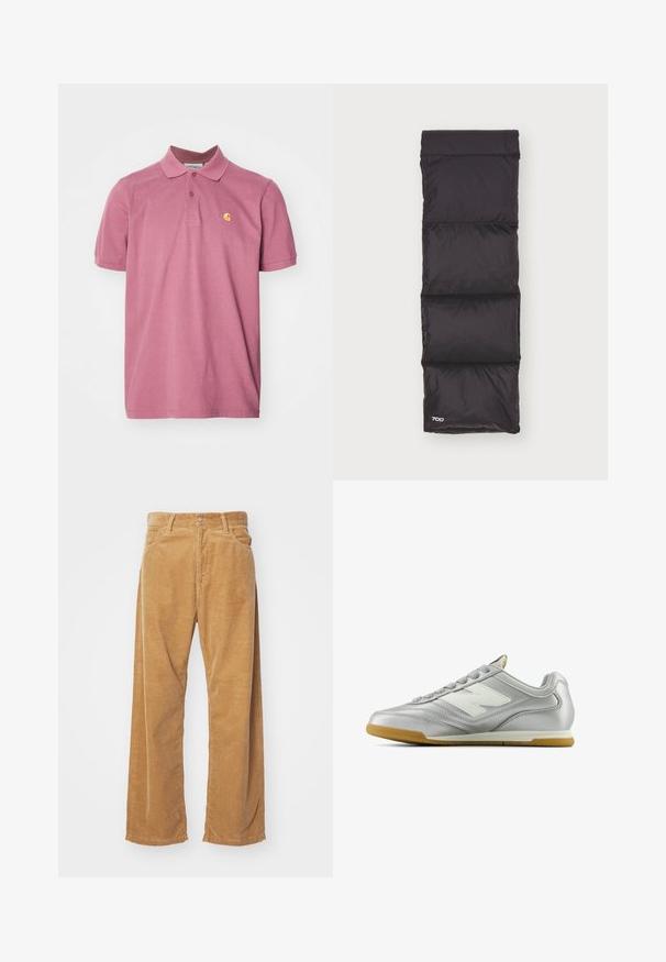 Short-sleeve polo shirt in faded rose color, cotton fabric, with a three-button placket and small embroidered logo on the left chest.; Corduroy wide-leg pants in a tan color. Features textured, vertical ridges, with a standard waistband and two front pockets.; Silver athletic shoe with a smooth, shiny surface, white logo on the side, textured gray laces, and a gum rubber sole.; Black padded sleeping bag with a soft, shiny texture. Features three horizontal sections and a small "700" logo on the lower edge.