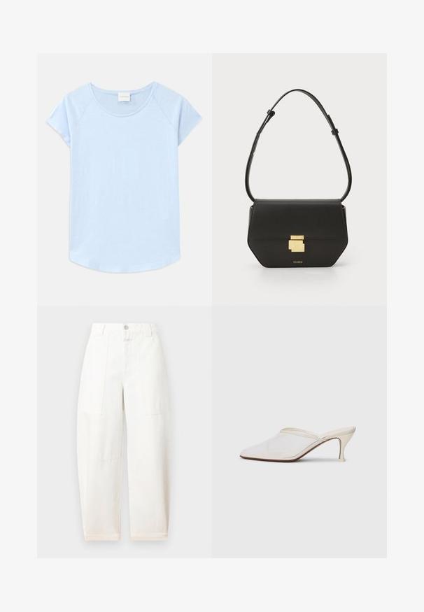 Világoskék, rövid ujjú póló, lekerekített nyakkivágással, laza fazonnal és ívelt végződéssel. Puha anyagból készült, sima textúrával.; CLOSED RHANNON - Széles szárú - ivory; Fehér hálós, hegyes orrú mules cipő, vékony, középmagas sarkával és slip-on kialakításával, egyszerű háttér előtt.; CLOSED CLOSED ONE - Keresztpántos táska - black