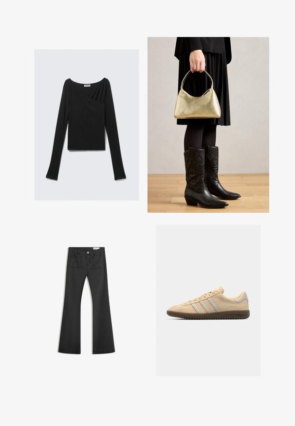 Čierny top s dlhými rukávmi vyrobený z mäkkej tkaniny, s drapovaným dizajnom a prekríženým predným dielom, doplnený o lodičkový výstrih. Hladká textúra, skrátená dĺžka.; Čierne rozšírené džínsy vyrobené z denimu s hladkou textúrou, obsahujúce dve zadné vrecká a zapínanie na gombík v páse.; Béžové semišové tenisky s tromi striebornými prúžkami, plochou hnedou gumovou podrážkou, okrúhlym špičkou a minimalistickým dizajnom.; Zlatá textúrovaná kabelka s zakriveným tvarom a krátkou rukoväťou, ktorú drží osoba oblečená v čiernej plisovanej sukni a čiernych kožených cowboyských čižmách.