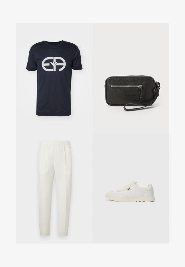 Tamsiai mėlynas medvilninis marškinėliai, trumpomis rankovėmis, apvalia iškirpte. Priekyje yra didelis baltas logotipas, lygus apvadas ir standartinė forma.; Balti siauro fasono kelnės su elastiniu liemeniu, turinčios dvi šonines kišenes ir lygią, šiek tiek blizgią tekstūrą.; Žemi balti sportbačiai su raišteliais, lygia pado dalimi ir mažuoju metaliniu logotipu šone, pavaizduoti ant vientiso fono.; Juodas odinis delninukas su tekstūruotu paviršiumi, priekinė užtrauktuko kišenė ir nuimama riešo juosta. Priekyje yra logotipo etiketas. Stačiakampio formos.