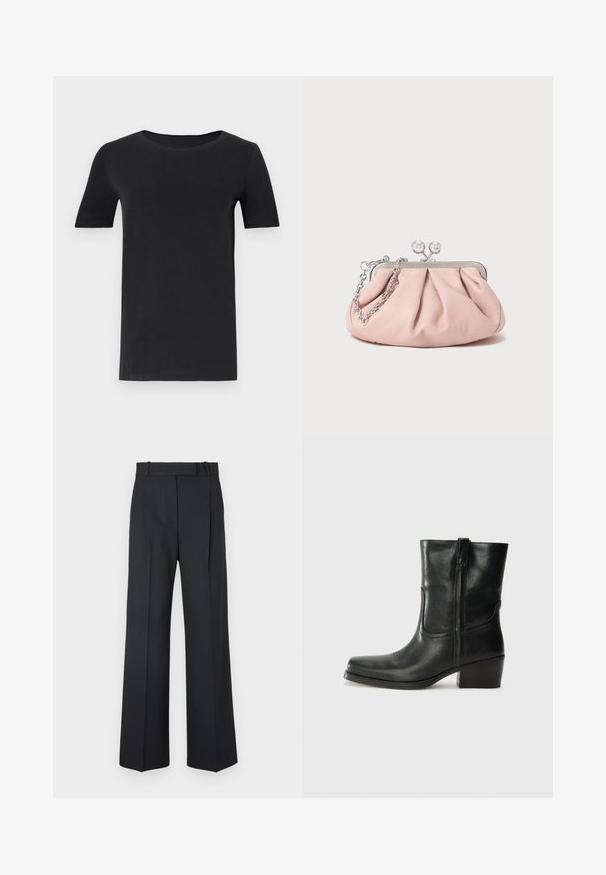 T-shirt noir à manches courtes en coton doux, avec un col rond et une coupe classique. Texture lisse, sans motifs ni embellissements.; Pantalons rayés bleu foncé à taille haute, avec une coupe large et sans matériel ni embellissements visibles. Texture lisse et ajustement ajusté.; Bottine en cuir noir avec un bout rond, un talon carré, une fermeture éclair sur le côté et des coutures décoratives sur l'empeigne. Texture lisse, design classique.; Pochette en cuir rose avec un design plissé, cadre en métal, deux fermoirs ronds et une anse en chaîne argentée. Texture lisse, forme compacte.