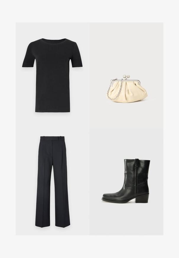 T-shirt nera a maniche corte realizzata in cotone morbido, con scollatura rotonda e vestibilità classica. Texture liscia, senza fantasie o decorazioni.; Pantaloni a righe blu scuro con vita alta, design a gamba larga e senza hardware o decorazioni visibili. Tessuto liscio e vestibilità sartoriale.; Stivale ankle in pelle nera con punta arrotondata, tacco a blocco, cerniera laterale e dettagli in cucitura sulla tomaia. Texture liscia, design classico.; Clutch in pelle beige plissettata con una struttura in metallo argento, dotata di due chiusure decorative rotonde e una tracolla in catena argentata.