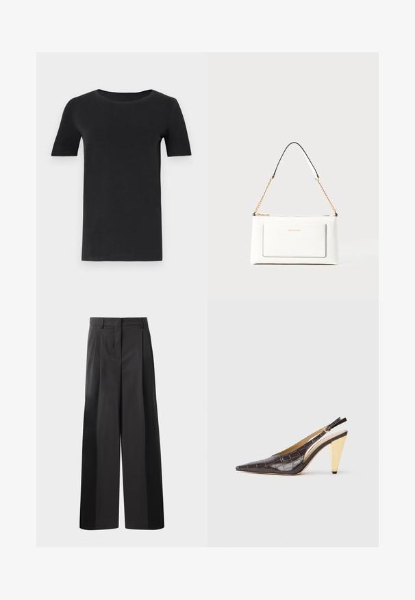 Črna kratka majica s kratkimi rokavi, izdelana iz mehkega bombaža, z okroglo ovratnico in klasičnim krojem. Gladka tekstura, brez vzorcev ali okraskov.; Črne široke hlače z visokim pasom, z oblikovanimi pregibi spredaj, gladko teksturo in natančno dodelavo. Oblikovane za sproščen fit.; Slingback peto s koničastim nosom, v temno rjavi sijoči umetni krokodilji usnjeni različici. Ima zlate geometrijske pete in nastavljiv ankel trak.; Bela usnjena torbica z teksturirano površino, ki vključuje zlat pas in črne detajle. Ima sprednji žep in zadrgo.