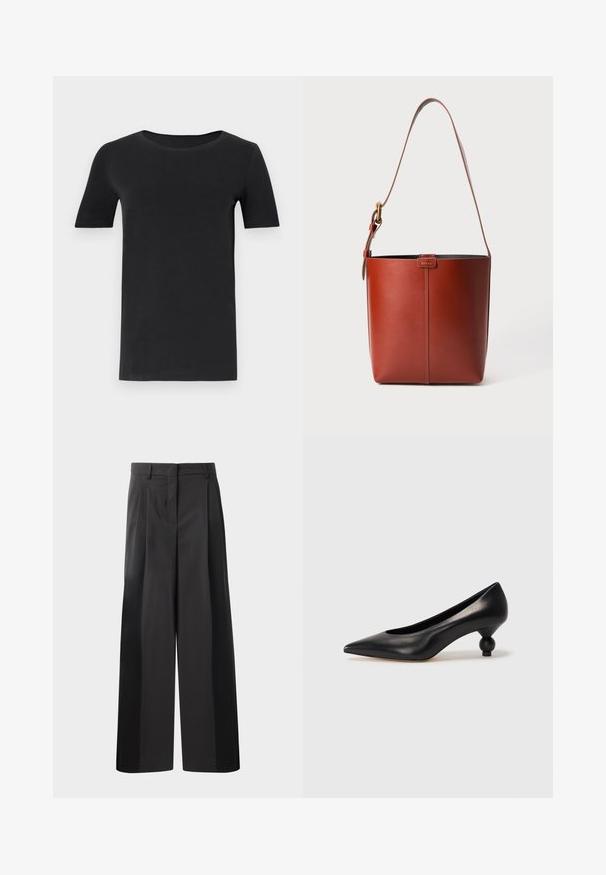 T-shirt noir à manches courtes en coton doux, avec un col rond et une coupe classique. Texture lisse, sans motifs ni embellissements.; Pantalon large noir avec une taille haute, doté de plis avant, d'une texture lisse et d'une finition ajustée. Conçu pour un ajustement décontracté.; Chaussure à talon haut en cuir noir avec un bout pointu et un talon arrondi. Texture lisse avec un design épuré et minimal.; Sac seau en cuir brun avec bandoulière réglable et boucle en ton doré, détail de couture verticale simple à l'avant.
