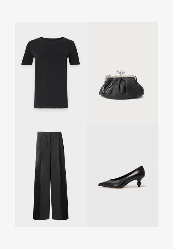 Mustat lyhyet hihattomat t-paidat, jotka on valmistettu pehmeästä puuvillasta, pyöreällä kaula-aukolla ja klassisella mitoituksella. Sileä tekstuuri, ei kuvioita tai koristeluja.; Mustat, leveälahkeiset housut korkealla vyötäröllä, etupleiteillä, sileällä pinnalla ja huolitellulla viimeistelyllä. Suunniteltu rentoon istuvuuteen.; Musta nahkakengät korkealla korolla, joissa on terävä kärki ja pyöreä, pallomainen korko. Sileä pinta ja tyylikäs, minimalistinen muotoilu.; Mustan nahkainen clutch, jossa on rypistetty rakenne, hopeanvärinen metallikehys, suukko-lukko ja ketjuhihna. Sileä, pehmeä pinta.