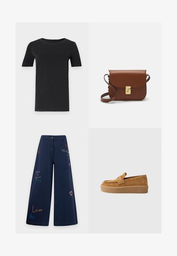 T-shirt nera a maniche corte realizzata in cotone morbido, con scollatura rotonda e vestibilità classica. Texture liscia, senza fantasie o decorazioni.; Pantaloni a gamba larga blu navy in cotone con molteplici tasche. Presentano testi e grafica ricamati colorati, inclusi cuori e frasi giocose.; Mocassino in suede marrone con punta rotonda, dotato di suola a piattaforma rigata e una fascia decorativa sulla parte superiore.; Borsa a tracolla in pelle marrone con chiusura a pattina, hardware color oro, tracolla e una finitura liscia. Forma rettangolare compatta.