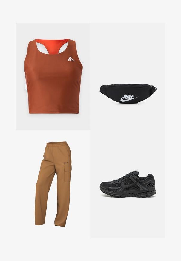 Bruine cropped atletische tanktop met oranje binnenkant, voorzien van een open rug en een klein wit driehoekig logo aan de voorkant.; Bruine cargobroek van stof, voorzien van twee zijzakken en een elastische tailleband met een zwart logo-accent. Rechtermode ontwerp.; Zwarte sportieve schoen met bovenwerk van mesh, rubberen zool en gestructureerde accenten. Het ontwerp bevat een opvallend vetersysteem en een gewatteerde zool.; Zwarte nylon heuptas met een ritsluiting, voorzien van een groot wit Nike-logo. Soepele textuur en ergonomisch ontwerp voor comfortabel dragen.