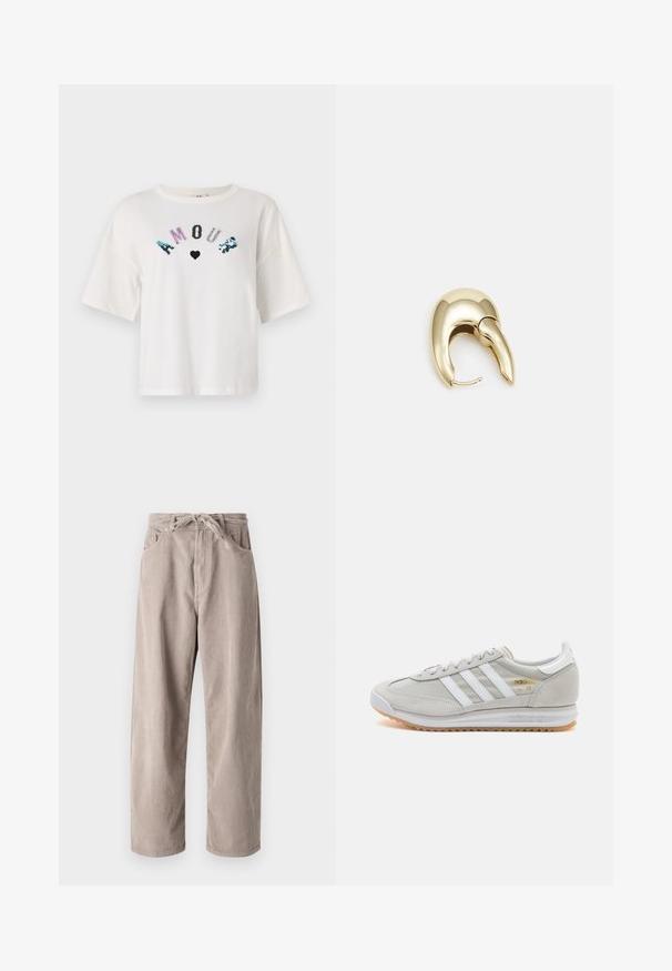White short-sleeve t-shirt with "AMOUR" in multicolored sequins and a heart design. Boxy fit and soft cotton material.; Beige corduroy trousers with a loose fit, featuring a drawstring waist, two front pockets, and vertical ribbed texture.; Light grey sneaker made of suede and mesh, featuring three white stripes, round toe, and a gum rubber sole. Gold logo accent near laces.; Gold-tone metal earring with a sleek, curved design. Features a distinctive pointed shape, polished surface, and hinge closure.