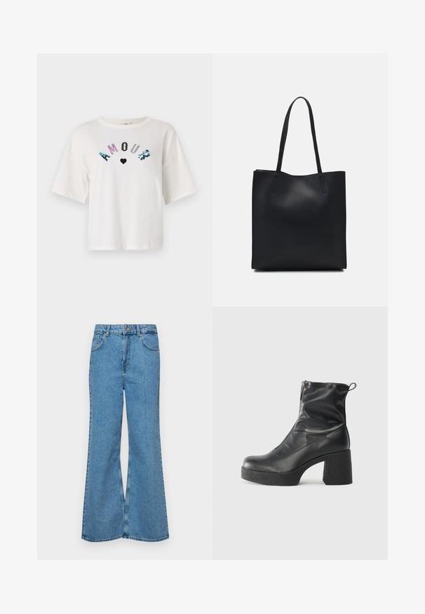 T-shirt de manga curta branca com "AMOUR" em lantejoulas multicoloridas e um design de coração. Corte boxy e material de algodão macio.; Jeans de brim azuis claros, com corte à boca de sino, apresentando uma cintura alta, cinco bolsos e um fecho de botão único. Textura macia com acabamento desbotado.; Botas de tornozelo pretas feitas de couro liso, com fecho lateral, salto grosso texturizado e design de bico arredondado.; Bolsa tote preta em couro com textura lisa, forma retangular e duas alças longas. Sem hardware ou enfeites visíveis.