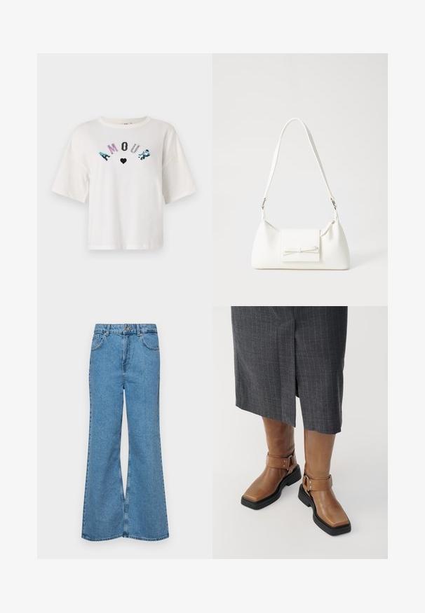 Balta īsām piedurknēm T-krekls ar uzrakstu "AMOUR" daudzkrāsainu sekvīru izpildījumā un sirdī. Brīvas formas un mīksts kokvilnas materiāls.; Gaiši zili, platā piegriezuma džinsi, kas izgatavoti no denima, ar augstu jostasvietu, piecām kabatām un vienu pogu. Mīksta tekstūra ar nolietotu apdari.; Brūni ādas līdz ceļiem zābaki ar kvadrātu purngalu, melnu gumijas zoli un regulējamu sprādzes detaļu. Kombinēti ar pelēku strīpainu svārku.; Balta sintētiska soma ar trīsstūrveida formu, plakanu priekšējo vāciņu un loku detaļu, regulējamu siksnu, gludu tekstūru un minimālistisku dizainu.