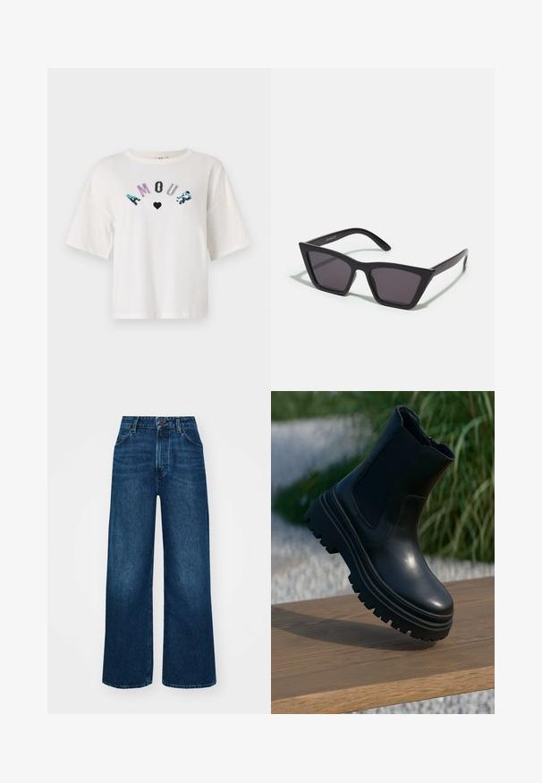 Bijela majica kratkih rukava s natpisom "AMOUR" od višebojnih šljokica i dizajnom srca. Kutijasti kroj i mekani pamučni materijal.; Traperice viskog struka i širokih nogavica tamnoplave boje s glatkom teksturom, kontrastnim šavovima i dizajnom s pet džepova. Prednje zakopčavanje na gumb.; Crne kožne gležnjače s debelim potplatom, elastičnim bočnim panelima i glatkom završnom obradom. Unikatan dizajn s kontrastnim detaljima na potplatu.; Crne, uglaste sunčane naočale sa sivoj lećama; izrađene od plastike, imaju debele nogice s glatkom površinom i bez vidljivih metalnih dijelova.
