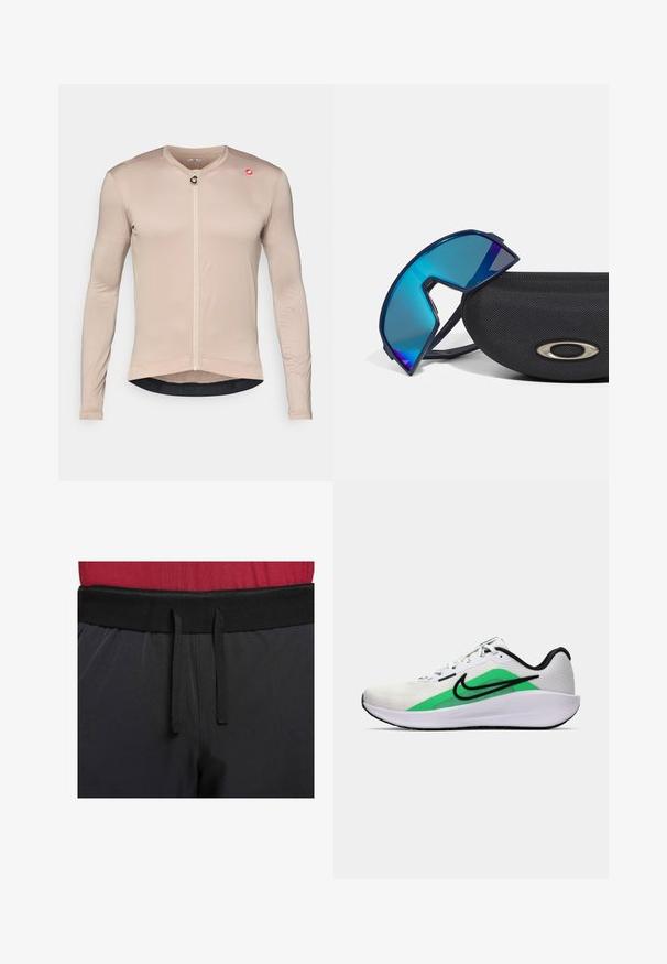 Hosszú ujjú kerékpáros mez világos bézs színben, texturált, lélegző anyagból készült. Elől cipzáros, logós részlettel és kontrasztos szegéllyel rendelkezik.; Fekete sportnadrág széles derékrésszel rendelkezik, külső zsinórral. Az anyaga sima, enyhén fényes, és nincs rajta látható minta.; Fehér sportcipő zöld akcentussal, fekete logóval, hálós felsőrésszel, párnázott talppal és kerek sarkú kialakítással. Felszereltségében fűzők és kontrasztos részletek találhatók.; Kék árnyalatú, sportos kialakítású, körbeíró napszemüveg egy texturált fekete tokon, melyen fémes logó akcentus található.