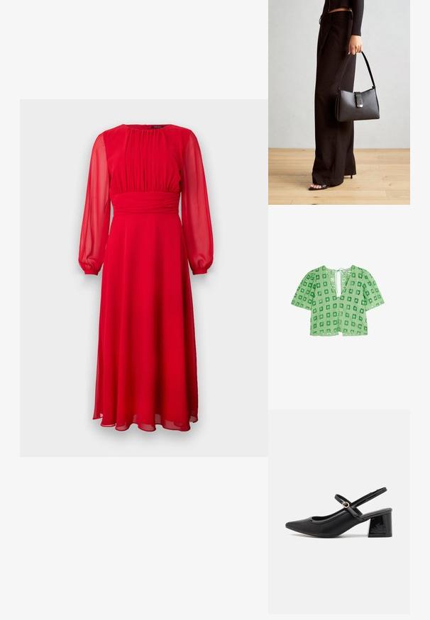 Green lace top featuring a square cut-out pattern, short puff sleeves, and a deep V-neck with a tie closure at the back.; Red chiffon dress with long, sheer sleeves, pleated bodice, and a flowing A-line silhouette. Soft texture and ankle-length design.; Black patent leather slingback heels with a pointed toe, a rounded cutout design, and a block heel. Features a gold-tone buckle accent.; Black handbag with structured shape, smooth texture, and a metallic clasp. Paired with wide black pants and open-toe sandals on wooden floor.