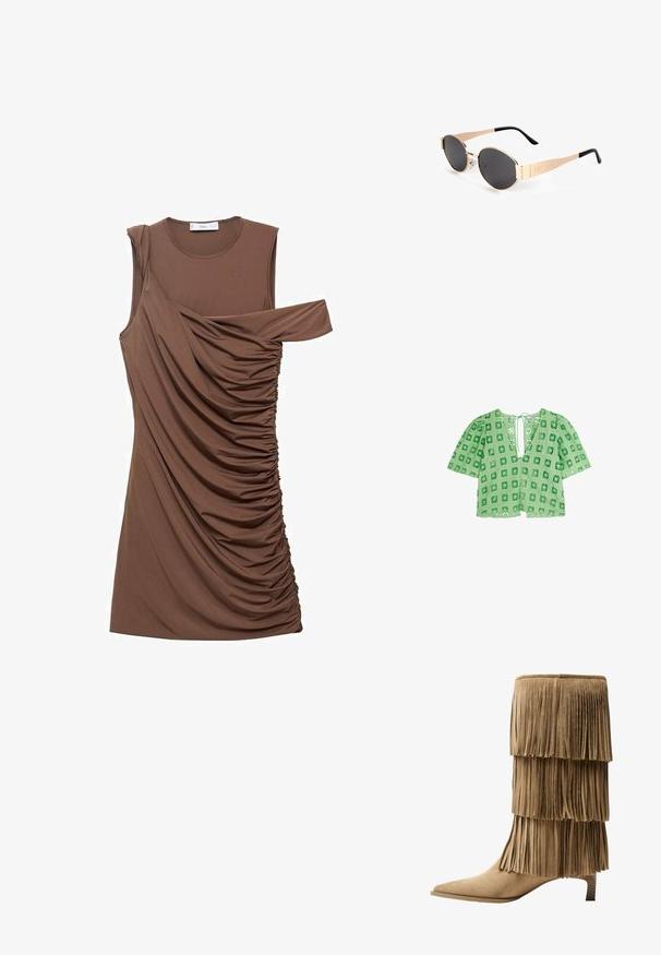 Grøn blondebluse med firkantet udskæringsmønster, korte pufærmer og en dyb V-udskæring med snørrelukning i ryggen.; Brun ærmeløs kjole lavet af blødt stof med draperet detaljer og asymmetrisk udskæring på den ene skulder. Har sideindsamling.; Fringe ankelstøvle i tan ruskind med tre lag af frynser. Spids tå og en lav blokhæl. Glat tekstur over det hele.; Guldtonede ovale solbriller med mørke linser, der har et slankt design, tynde arme og en sort detalje ved stedes. Modelnummer L37.