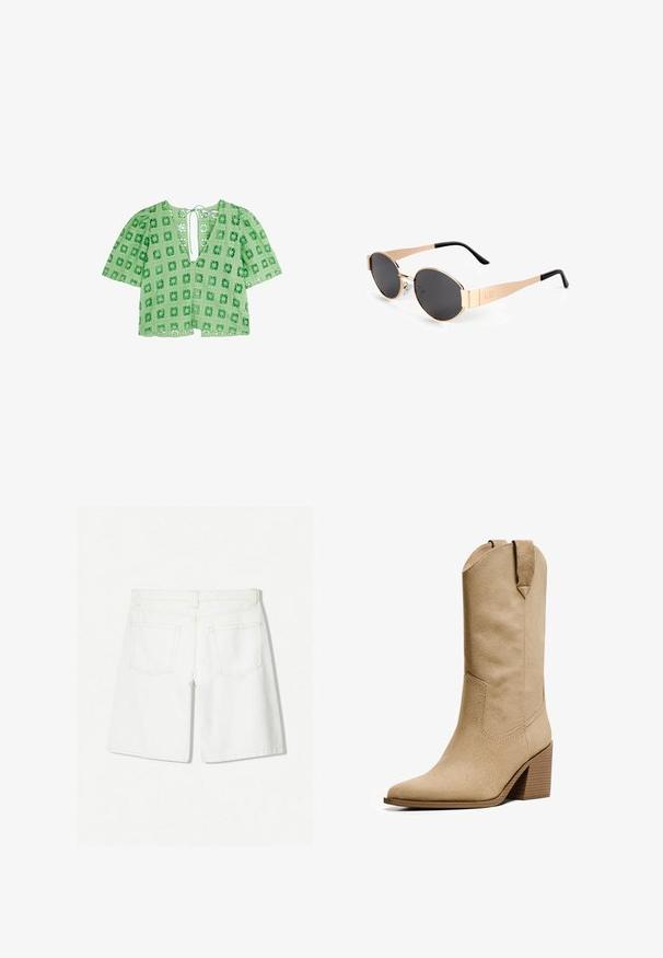 Zelený krajkový top s čtvercovým vykrojením, krátkými nabíranými rukávy a hlubokým výstřihem do V se zavazováním na zádech.; Bílé denimové šortky s rovnoměrným střihem, s vysokým pasem, dvěma zadními kapsami a jemným prošitím.; Bershka HIGH-HEEL - Kovbojské/motorkářské kozačky - beige; Zlaté oválné sluneční brýle s tmavými skly, které mají elegantní design, tenké nožičky a černý akcent na spánku. Číslo modelu L37.
