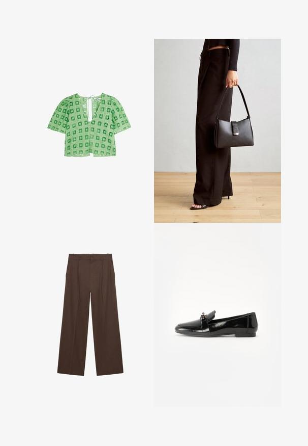 Top verde in pizzo con motivo a ritaglio quadrato, maniche corte a sbuffo e scollatura a V profonda con chiusura a lacci sul retro.; Pantaloni a gamba larga marroni realizzati in un tessuto liscio, con vita alta, pieghe frontali e due tasche laterali.; Mocassino in pelle verniciata nera con suola piatta, punta arrotondata e una fascia decorativa con accento in tonalità oro. Finitura liscia e lucida.; Borsa nera con forma strutturata, texture liscia e una chiusura metallica. Abbinata a pantaloni neri larghi e sandali open-toe su un pavimento in legno.