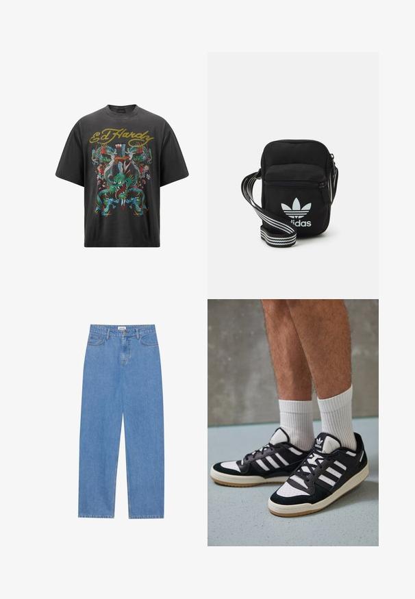 Zwarte oversized t-shirt met een kleurrijke drakengrafiek met bloemaccenten en de tekst "Ed Hardy" in goud bij de halslijn.; Lichtblauwe denim jeans met een rechte pasvorm, vijf-pocket ontwerp, enkele knoopsluiting en subtiele stikseldetails op de naden.; Zwart-witte sneakers met een bovenwerk van suede en leer, voorzien van drie witte strepen, een geperforeerde neus en een rubberen gumzool.; Zwarte stoffen schoudertas met een ritssluiting, voorzien van een wit Adidas-logo en een gestreepte, verstelbare schouderband voor gemakkelijk dragen.