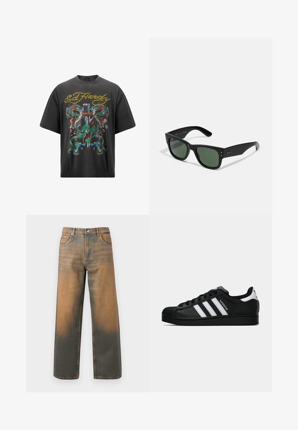 Černé oversize tričko s barevným potiskem draka a květinovými akcenty, s textem "Ed Hardy" v zlaté barvě u výstřihu.; Džíny s širokými nohavicemi v distressed modré a hnědé denimové barvě. Mají vysoký pas, přední kapsy a klasické zapínání na knoflík se metalickými akcenty.; Černé tenisky Adidas Superstar se bílými pruhy, špičkou ve tvaru skořápky a textem "Superstar" na boku, zobrazené v bočním profilu na bílém pozadí.; Černé obdélníkové sluneční brýle se zelenými skly, matným povrchem, nenápadnými kovovými akcenty a Embosovaným logem na stranicích.