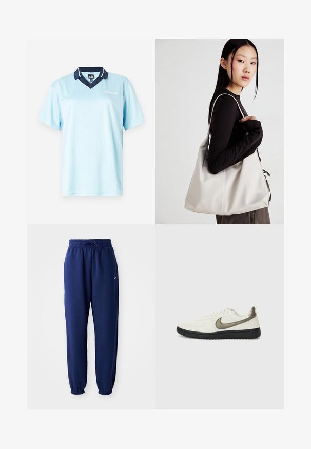 Polo de manga curta azul claro com colarinho azul marinho. Listras verticais e detalhe do logótipo na frente. Tecido suave e leve.; Calças de fato de treino azul marinho feitas de um tecido suave, com uma cintura elástica com cordão, punhos elásticos e um pequeno logótipo branco.; Nike Sportswear FIELD GENERAL - Sapatilhas - off-white/black; Uma bolsa bege feita de material macio, com um design descontraído, detalhes de costura e duas alças para o ombro. Adequada para uso diário.