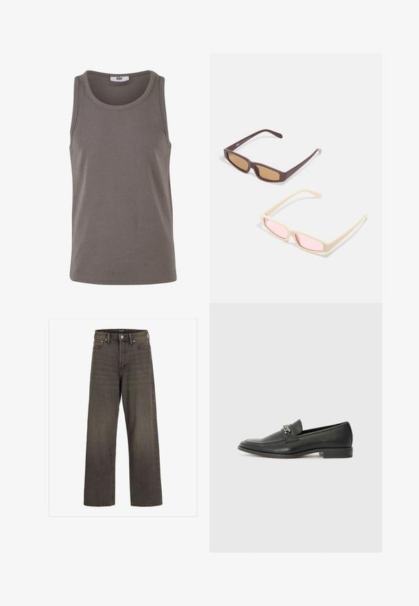 Gray ribbed tank top with a round neckline and wide armholes. Made of stretchy fabric, it features a regular fit and minimal design.; Wide-leg jeans in dark grey denim, featuring a high waist, classic five-pocket design, and contrasting stitching along the seams.; Black leather loafer with a smooth finish, featuring a stitched design and a decorative metal chain accent across the vamp. Flat heel.; Two pairs of sunglasses: one brown with brown tinted lenses, the other cream with pink tinted lenses; both feature a sleek rectangular design.