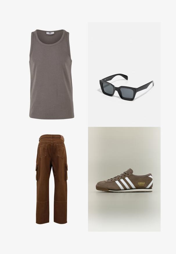Gray ribbed tank top with a round neckline and wide armholes. Made of stretchy fabric, it features a regular fit and minimal design.; Brown cargo pants featuring a straight leg design, dual side pockets, and two back pockets with topstitching details.; Brown suede sneaker with three white stripes, flat rubber sole, round toe, and gold "adidas Italia" logo on the side.; Black rectangular sunglasses with dark lenses. Plastic frame with a glossy finish, featuring a wide bridge and slightly tapered arms.