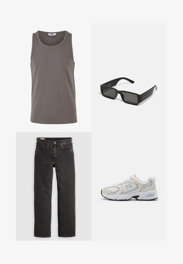 Grau gerippter Tank-Top mit rundem Ausschnitt und weiten Armausschnitten. Hergestellt aus dehnbarem Stoff, bietet es eine reguläre Passform und ein minimalistisches Design.; Schwarze Jeans aus Denim mit geradem Bein, fünf Taschen und metallischen Beschlägen. Der Stoff hat eine leichte Textur und eine einfarbige Oberfläche.; Sportlicher Schuh mit einem hellgrauen Mesh-Obermaterial und Wildlederakzenten, weißen Schnürsenkeln und einer schwarzen Gummisohle. Auffälliges ABZORB-Dämpfungselement.; Schwarze Sonnenbrille mit rechteckigen Gläsern, mattem Kunststoffrahmen und geraden Kanten. Verfügt über das Markenlogo auf dem inneren Bügel.