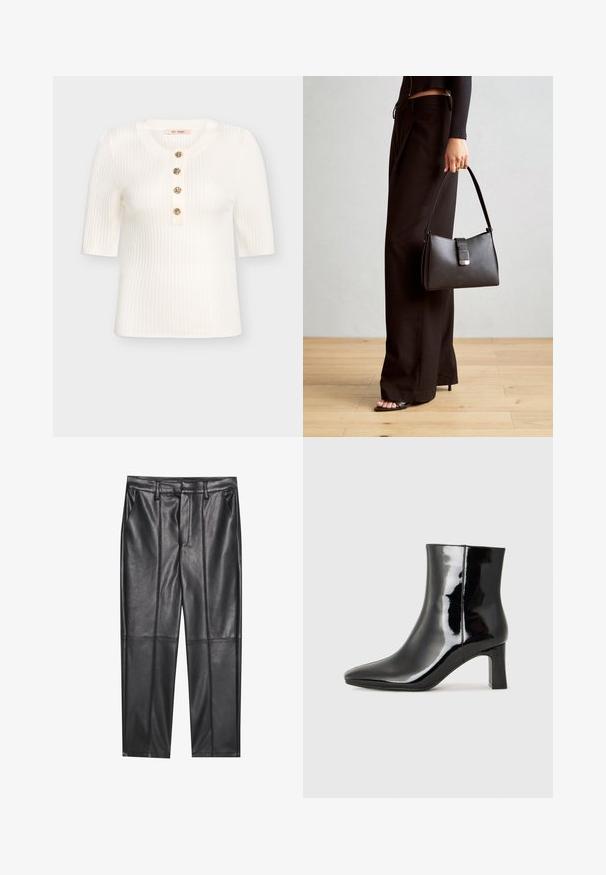 White ribbed knit short-sleeve top featuring a round neckline and five decorative buttons down the center. Smooth texture, fitted design.; Black leather trousers with a smooth texture, featuring a straight fit, two front pockets, and visible seam detailing.; Black patent leather ankle boot with a pointed toe and a mid-height block heel. Smooth texture and minimalist design.; Black handbag with structured shape, smooth texture, and a metallic clasp. Paired with wide black pants and open-toe sandals on wooden floor.