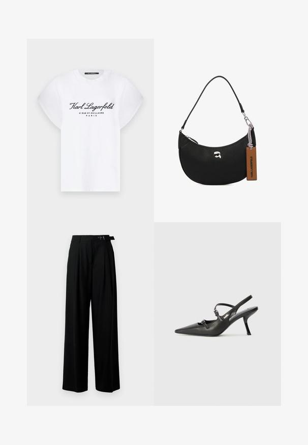 Valge puuvillane T-särk lühikeste keeratud varrukatega. Ees must tekst: "Karl Lagerfeld 21 RUE ST-GUILLAUME PARIS".; Mustad kõrge vöökohaga mustad laiad püksid, millel on ees voldid ja vöö, millel on pandla. Valmistatud siledast ja kergest kangast.; Must musta slingback kontsad, terava nina, peenike konts ja dekoratiivne pandla detail peal. Sile tekstuur ja stiilne disain.; Musta nahk kott, millel on krobeline tekstuur, kõver kuju, ülemine tõmblukk, hõbedased detailid ja pruun silt. Omab logo aksenti.