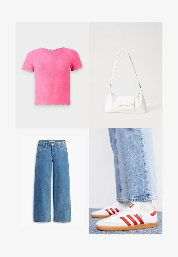 Maglietta rosa a maniche corte con scollo rotondo e bordi scallop, realizzata in un materiale morbido e elasticizzato.; Jeans ampi di jeans blu chiaro, con vita alta, cinque tasche e chiusura con bottone classica. Taglio dritto dalla coscia all'orlo.; Sneakers bianchi in pelle con strisce e dettagli rossi. Presentano una suola in gomma testurizzata e un collo imbottito. Indossati con denim blu chiaro.; Borsa sintetica bianca a forma triangolare, con patta anteriore piatta e dettaglio a fiocco, tracolla regolabile, texture liscia e design minimalista.