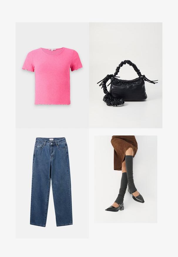 Maglietta rosa a maniche corte con scollo rotondo e bordi scallop, realizzata in un materiale morbido e elasticizzato.; Jeans in denim blu classico con design a gamba dritta, cinque tasche e chiusura con bottone. Presentano un lavaggio medio e una trama robusta.; Scarpe nere in pelle verniciata con punta affilata, tacco a blocco e cinturino alla caviglia, abbinate a scaldamuscoli grigi a coste e una gonna in suede marrone.; Borsa a tracolla in ecopelle nera con texture a coccodrillo, apertura cinchata e tracolla arricciata. Si presenta con un design morbido e compatto.