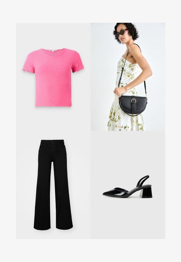 Rosa gerippte Kurzarm-T-Shirt mit rundem Halsausschnitt und gewellten Kanten, aus einem weichen, dehnbaren Material hergestellt.; Schwarze weit geschnittene Hose aus Denim, mit einem strukturierten Bund, Gürtelschlaufen und Fronttaschen. Glatte Textur mit klassischem Design.; Schwarze Lackleder-Slingback-High Heels mit spitzem Schuh und einem geometrischen Blockabsatz. Verfügt über ein schlankes, minimalistisches Design und eine glatte Textur.; Schwarze Lederhandtasche mit geschwungener Form, abnehmbarem Tragegurt und goldenen Beschlägen. Die Tasche verfügt über einen Deckel mit einer Schnallen-Details.