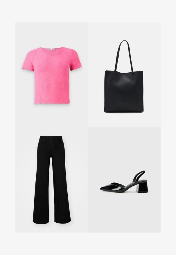 Roze geribbelde T-shirt met korte mouwen, een ronde halslijn en gegolfde randen, gemaakt van een zacht, rekbaar materiaal.; Zwarte wijdvallende broek van denim, met een gestructureerde tailleband, riemlussen en voorzakken. Glad van textuur met een klassiek ontwerp.; Zwarte gepatineerde leren slingback hakken met een spitse neus en een geometrische blokhak. Kenmerkt zich door een slank, minimalistisch ontwerp en een gladde textuur.; Zwarte leren handtas met een gladde textuur, rechthoekige vorm en twee lange handvaten. Geen zichtbare hardware of versieringen.