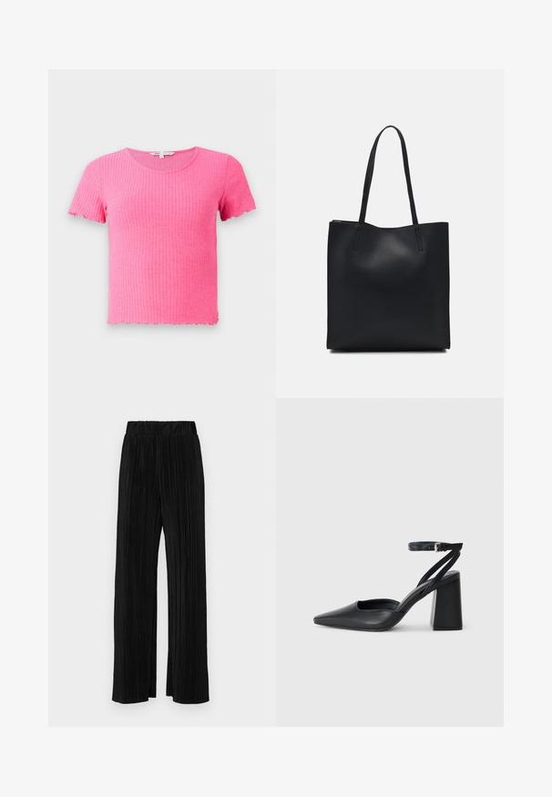 Różowa, prążkowana koszulka z krótkim rękawem, okrągłym dekoltem i falbaniastymi brzegami, wykonana z miękkiego, elastycznego materiału.; Czarne spodnie plisowane z elastycznym paskiem w talii. Posiadają szerokie nogawki oraz gładki, teksturowany materiał z pionowymi paskami.; Czarne skórzane czółenka z ostrym noskiem, z paskiem na kostce i grubym obcasem. Gładka faktura, elegancki design i minimalistyczna estetyka.; Czarna skórzana torba tote o gładkiej fakturze, prostokątnym kształcie i dwóch długich uchwytach. Brak widocznych elementów metalowych i ozdób.