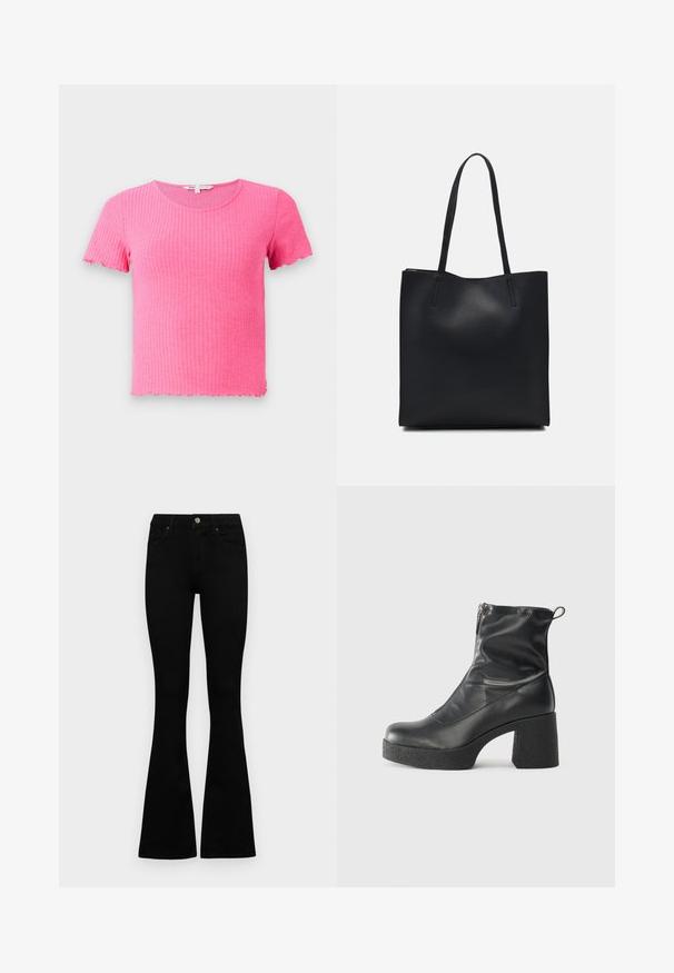 Rosa gerippte Kurzarm-T-Shirt mit rundem Halsausschnitt und gewellten Kanten, aus einem weichen, dehnbaren Material hergestellt.; Schwarze hochtaillierte Jeans mit einem Knopf- und Reißverschluss, Fronttaschen und ausgestellten Beinen, flach auf einem weißen Hintergrund ausgelegt.; Schwarze Stiefeletten aus glattem Leder mit seitlichem Reißverschluss, klobigem strukturiertem Absatz und runder Zehenform.; Schwarze Laptoptasche aus Leder mit glatter Textur, rechteckiger Form und zwei langen Griffen. Keine sichtbaren Beschläge oder Verzierungen.