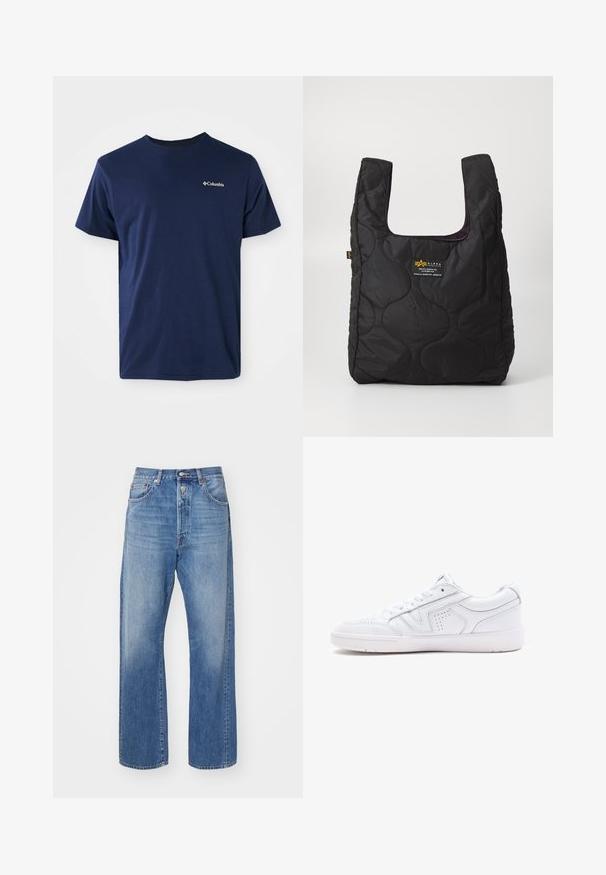 Navy blue cotton short-sleeve t-shirt with a crew neckline and a small white Columbia logo on the left chest. Soft texture, classic fit.; Light blue denim jeans with a straight-leg cut, featuring a button fly, five pockets, and subtle fading on the fabric.; White leather sneaker featuring a low-top design, round toe, perforated detailing, and a textured sole. Laces and subtle stitching accents included.; Black quilted tote bag with a large opening, curved shapes on the surface, and a label featuring yellow and white text on the front.