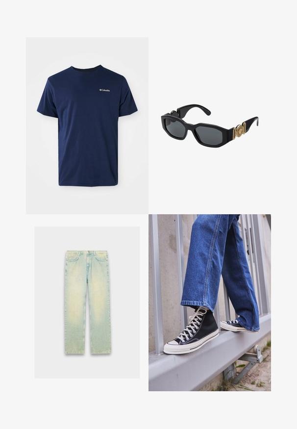 Mornarsko modra bombažna majica s kratkimi rokavi in krožnim izrezom ter majhnim belim logotipom Columbia na levi prsni strani. Mehka tekstura, klasičen kroj.; Svijetloplave traperice s labavim krojem, sa pet džepova, zip zatvaranjem i izblijedjelim završetkom duž bedara i koljena.; Črne visoke teniske z belim podplatom in vezalkami, v kombinaciji z ohlapnimi modrimi džinsom, naslonjene na sivo ograjo.; Črne sončne očala z masivnim geometrijskim okvirjem, temnimi lečami in zlatimi kovinskimi detajli na templjih, ki vsebujejo okroglo emblemo.