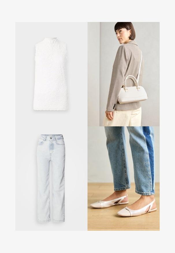 White sleeveless top with a high neck, featuring floral lace texture, scalloped hem, and button closure at the back.; Light blue high-waisted jeans with a straight leg fit, made of denim. Features a button fly, five-pocket design, and subtle faded texture.; Pale pink slingback flats with a pointed toe, made from a smooth leather-like material. Features cut-out details at the sides and a flat heel.; White structured handbag with short handles and a shoulder strap, featuring gold hardware accents and textured material, displayed against a grey background.