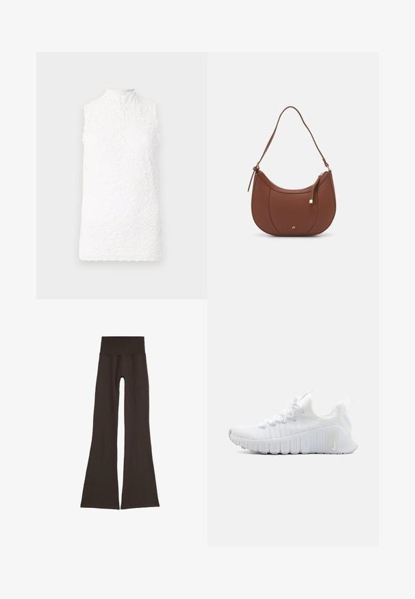 Valge ilma varrukateta moepealne, millel on kõrge kaelus, lilleline pitsistruktuur, laineline alläär ja nööbi kinnitusega taga.; Tumedast pruunist flared-silmased retuusid laia, soonikuga vöökohtaga. Valmistatud pehmest ja venivast materjalist, ilma nähtavate õmblusteta ja riistvara elementideta.; Valge spordijalats, millel on tekstuuriga pealne osa, lame paelakinnitus ja silmapaistev kummist tallad, millel on vertikaalsed sooned. Külgedel on logo.; Pruun faux nahast õlaline kott, millel on kaarjas kuju, minimaalne õmblemine ja kuldse tooni metallist aksessuaar. Omab ülemist tõmblukku ja reguleeritavat rihma.