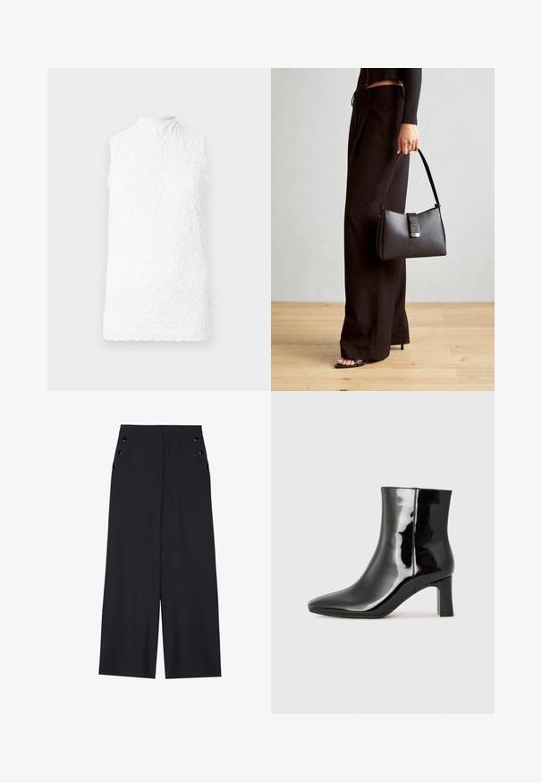 Biely bezrúškový top s vysokým golierom, zdobený kvetinovou čipkou, s vlnitým lemom a gombíkovým zapínaním na chrbte.; Široké nohavice z tmavomodrého materiálu s hladkou textúrou, prednými skladmi a ozdobnými zlatými očkami na bočných vreckách.; Čierne lakované členkové topánky s špicatou špičkou a stredne vysokým blokovým podpätkom. Hladká textúra a minimalistický dizajn.; Čierna kabelka so štruktúrovaným tvarom, hladkou textúrou a kovovou sponou. V kombinácii so širokými čiernymi nohavicami a sandálmi s otvorenou špičkou na drevenej podlahe.