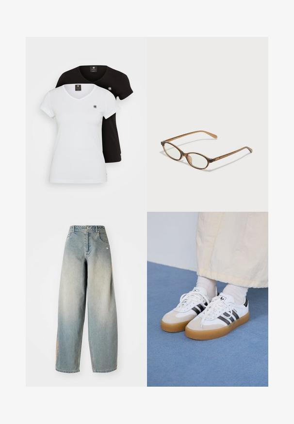 Conjunto de duas T-shirts em V, nas cores preto e branco. Tecido de algodão, mangas curtas, apresentando um pequeno logotipo no peito esquerdo e uma etiqueta na parte de trás.; Jenas de perna larga em denim azul claro com um acabamento desbotado. Apresenta bolsos frontais, fecho de botão e um logotipo discreto na cintura.; Ténis brancos com riscas pretas e detalhes em camurça bege. Apresentam uma sola de borracha texturizada e atacadores brancos lisos, usados com meias de tom claro.; Óculos tortoiseshell castanhos com lentes ovais, hastes finas e acabamentos transparentes. Apresenta um logótipo subtil na têmpora. Design elegante e leve.