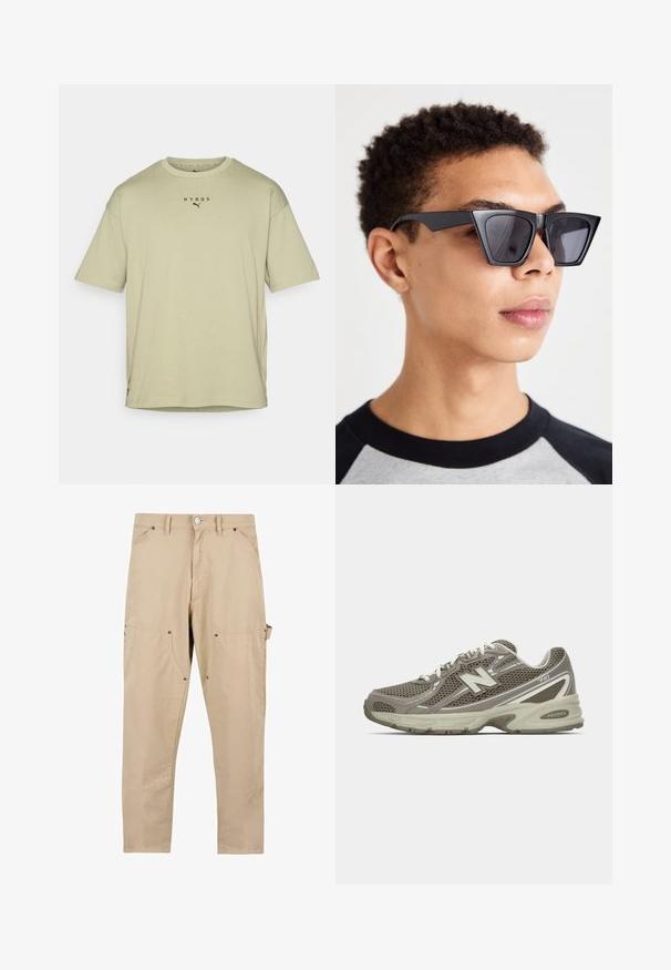 Olīvzaļš īsām piedurknēm T-krekls, kas izgatavots no mīksta kokvilnas. Satur apaļu kakla izgriezumu un melnu drukātu "HYROX" logo virs maza Puma emblemas.; Bēša kravas bikses, kas izgatavotas no kokvilnas. Aprīkotas ar vairākiem kabatām, taisnu griezumu un pogu aizdari ar metāla detaļām.; Sporta apavi pelēkā un bežā acs ar teksturētu virsmu, aprīkoti ar mīkstu zoli, baltām auklām un atstarojošiem sudraba akcentiem.; Melna leņķainu saulesbrilles ar tumšiem stikliem, ar drosmīgu ģeometrisku dizainu un matētu apdari. Valkā persona ar īsiem matiem.