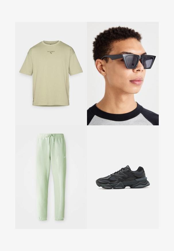 Camiseta de manga corta verde oliva hecha de algodón suave. Presenta un cuello redondo y el logotipo negro "HYROX" impreso sobre un pequeño emblema de Puma.; Pantalones de chándal verde claro, hechos de algodón suave, con cintura elástica y cordón, piernas ajustadas y puños gather.; Zapatilla de running negra que presenta una combinación de malla y materiales sintéticos, suela gruesa, diseño curvado y una marca prominente en el costado.; Gafas de sol negras angulares con lentes oscuros, que presentan un diseño geométrico audaz y un acabado mate. Llevadas por una persona con cabello corto.