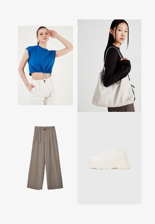 Modra kratka majica s kratkimi rokavi, gubarjen rob z vrvico in kovinskim zatičem, kombinirana z belimi hlačami visoke pasu.; Široke hlače iz mehke, umirjene sive tkanine, z pasom, ki ga je mogoče zavezati, in z gubami za dodatne oblikovne podrobnosti. Gladka tekstura, brez vzorcev.; Bela platnena teniska z debelim podplatom, okroglo konico in petimi luknjicami za vezalke. Zadaj je dodana zanka za enostavno obuvanje. Gladka tekstura, minimalistična zasnova.; Bežna torbica iz mehkega materiala, z ohlapno zasnovo, šivi in dvema naramnicama. Primerna za vsakodnevno uporabo.