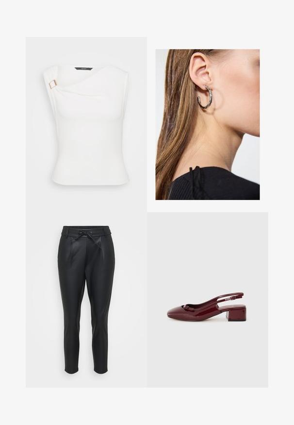 White sleeveless top with a draped design, featuring a gold hardware accent near the shoulder. Smooth, stretchy fabric with a fitted cut.; Black, faux leather pants with an elastic waistband, front pleats, and a drawstring closure. Tapered fit with a smooth texture.; Burgundy patent leather slingback shoe with a square toe, small block heel, and a decorative bow detail on the front strap.; Silver hoop earring with a polished finish, featuring small gold accent details and a round shape, worn on the lobe.