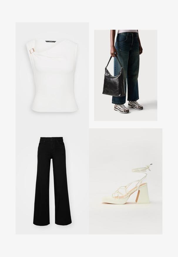 Balta bez piedurknēm blūze ar drapējuma dizainu, kas ir dekorēta ar zeltu pie pleca. Gluda, elastīga auduma sastāvs ar pieguļošu piegriezumu.; Melni plaša kāju bikses, izgatavotas no džinsa, ar strukturētu jostu, jostu cilpiņām un priekšējām kabatām. Gluda tekstūra ar klasisku dizainu.; Baltas augstpapēžu sandales ar masīvu papēdi, ar siksnu dizainu un potītes saistītiem elementiem. Gluda tekstūra ar platformu priekšpusē, lai nodrošinātu papildu augstumu.; Melna ādas pleca soma ar gludu tekstūru un regulējamu siksnu, saskaņota ar izbalējušām platām biksēm un sportiskām kedām.