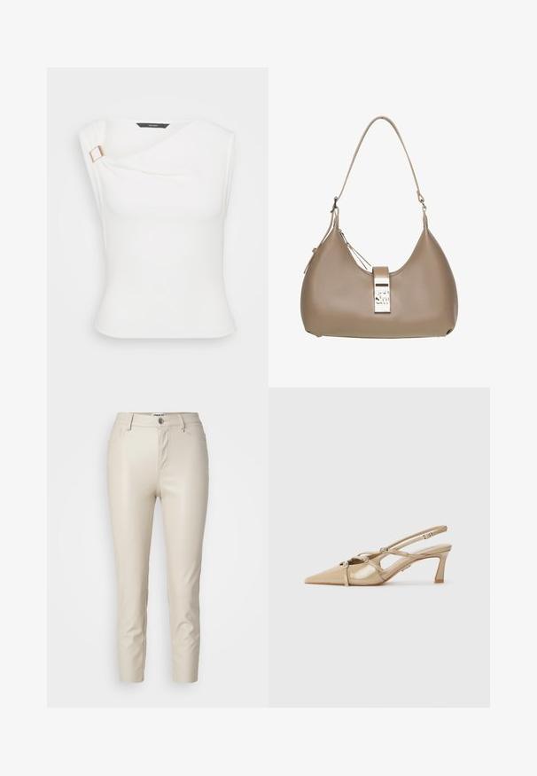 Top bianco senza maniche con design drappeggiato, caratterizzato da un'accensione in metallo dorato vicino alla spalla. Tessuto liscio e elasticizzato con una vestibilità aderente.; Pantaloni in finta pelle beige con vestibilità slim, tasche frontali e chiusura con bottone, caratterizzati da una texture liscia e gambe affusolate.; Décolleté in pelle verniciata beige con punta affusolata, cinturini regolabili e tacco a blocco di 6 cm. Include dettagli decorativi in argento.; Borsa a tracolla in pelle beige con una superficie liscia, forma hobo, manico singolo e un accento metallico del logo sulla parte anteriore.