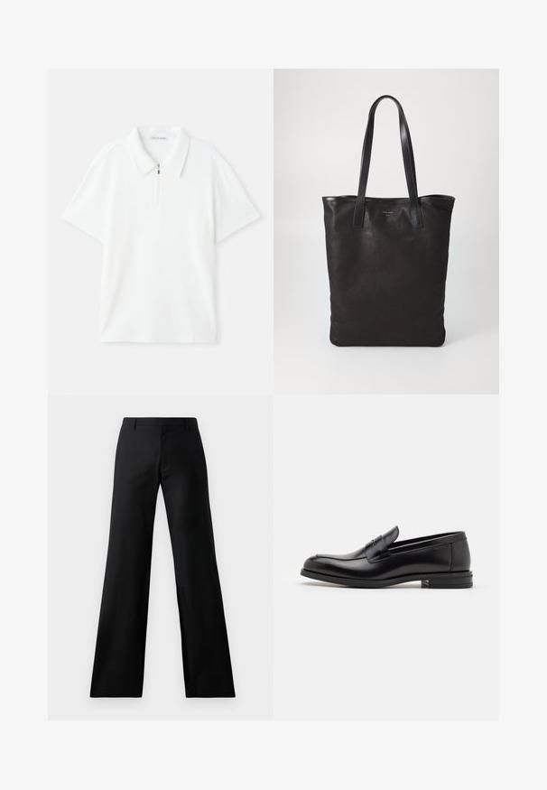 Fehér, rövid ujjú pólóing textúrált anyagból, gallérral és elöl cipzárral, Tiger of Sweden felirattal.; Fekete, bő szabású nadrág sima anyagból. Közepes magasságú derékrésszel és elülső redőkkel rendelkezik, amely testre szabott sziluettet biztosít.; Fekete bőr loaferek sima textúrával, kerek orral és dekoratív pánttal a vampnál. Alacsony, rétegelt sarkú, minimalista dizájn.; Fekete vászontáska fekete bőr füllel. Egyszerű dizájn, tágas test és sima textúra. Nincsenek látható logók vagy minták.